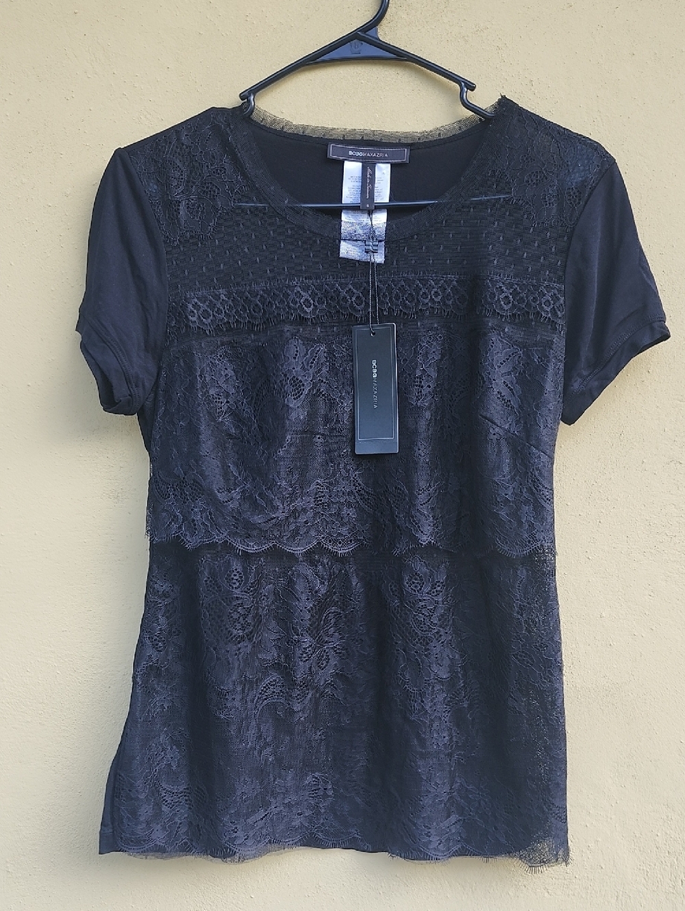 BCBGMaxAzria Black Short Sleeve Lace Tiered Tee